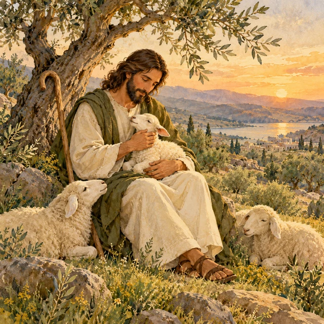 Jesus the Good Shepherd caring for a lamb